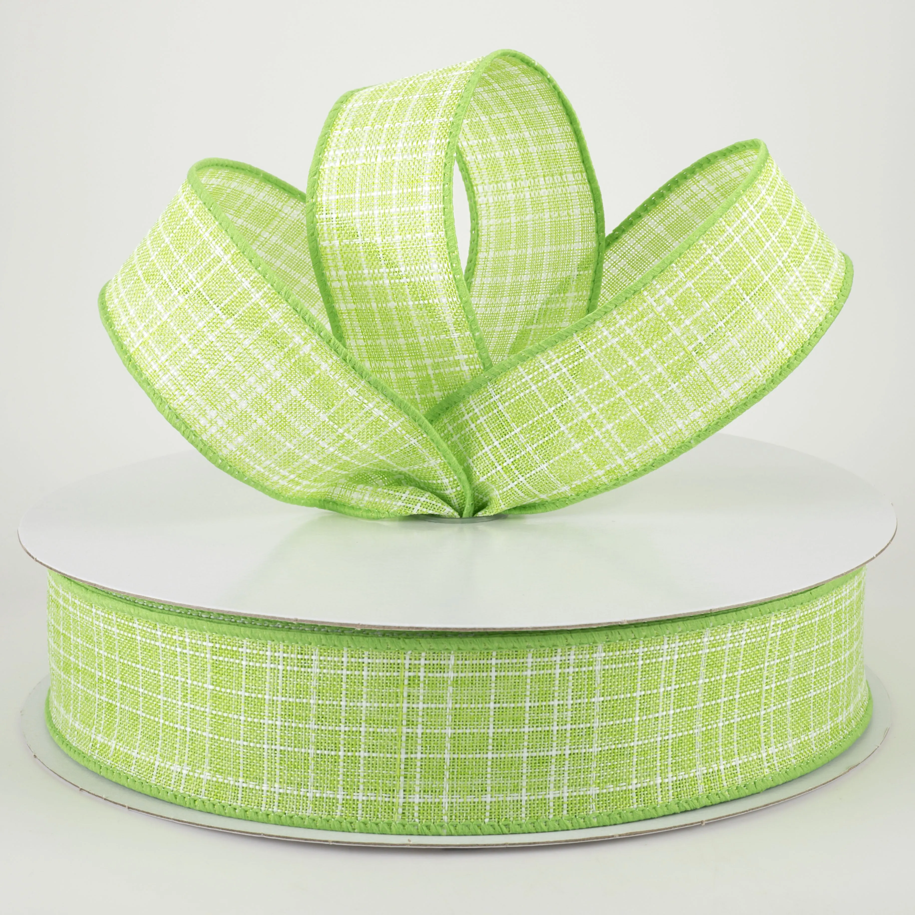 1.5" Estelle Textured Linen Ribbon: Lime Green & White (50 Yards)