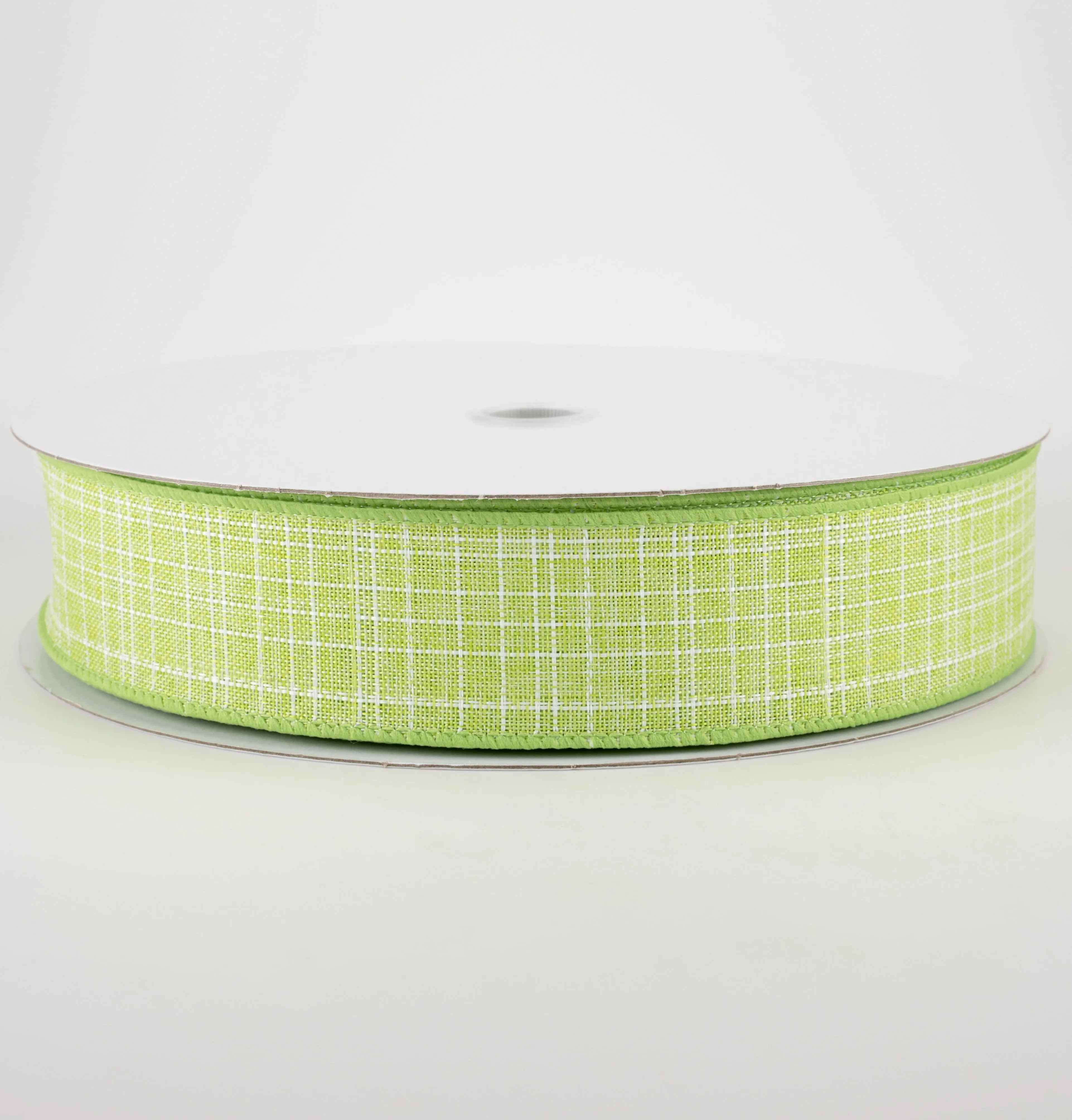 1.5" Estelle Textured Linen Ribbon: Lime Green & White (50 Yards)