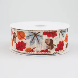 1.5" Fall Acorn & Leaf Ribbon: Ivory (10 Yards)