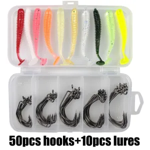 60 Pc Hooks and Soft Lures for Saltwater and Freshwater Fishing