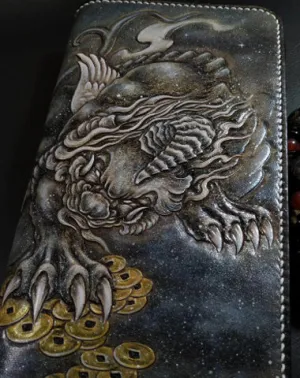 Badass Black Leather Men's Chinese Monster Long Biker Wallet Handmade Tooled Zipper Long Wallets For Men