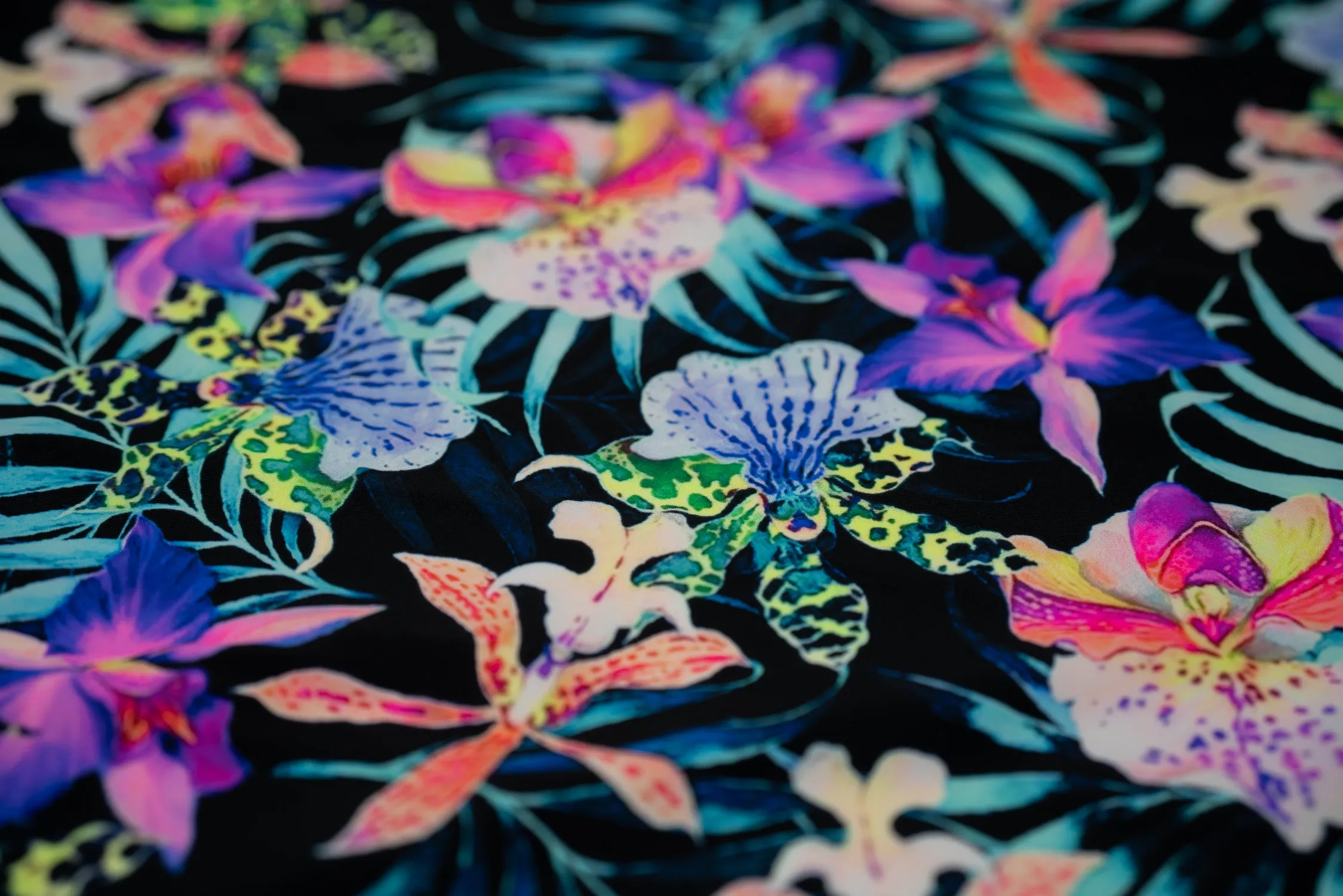 Irises and Palm Fronds Printed Spandex Fabric | Blue Moon Fabrics