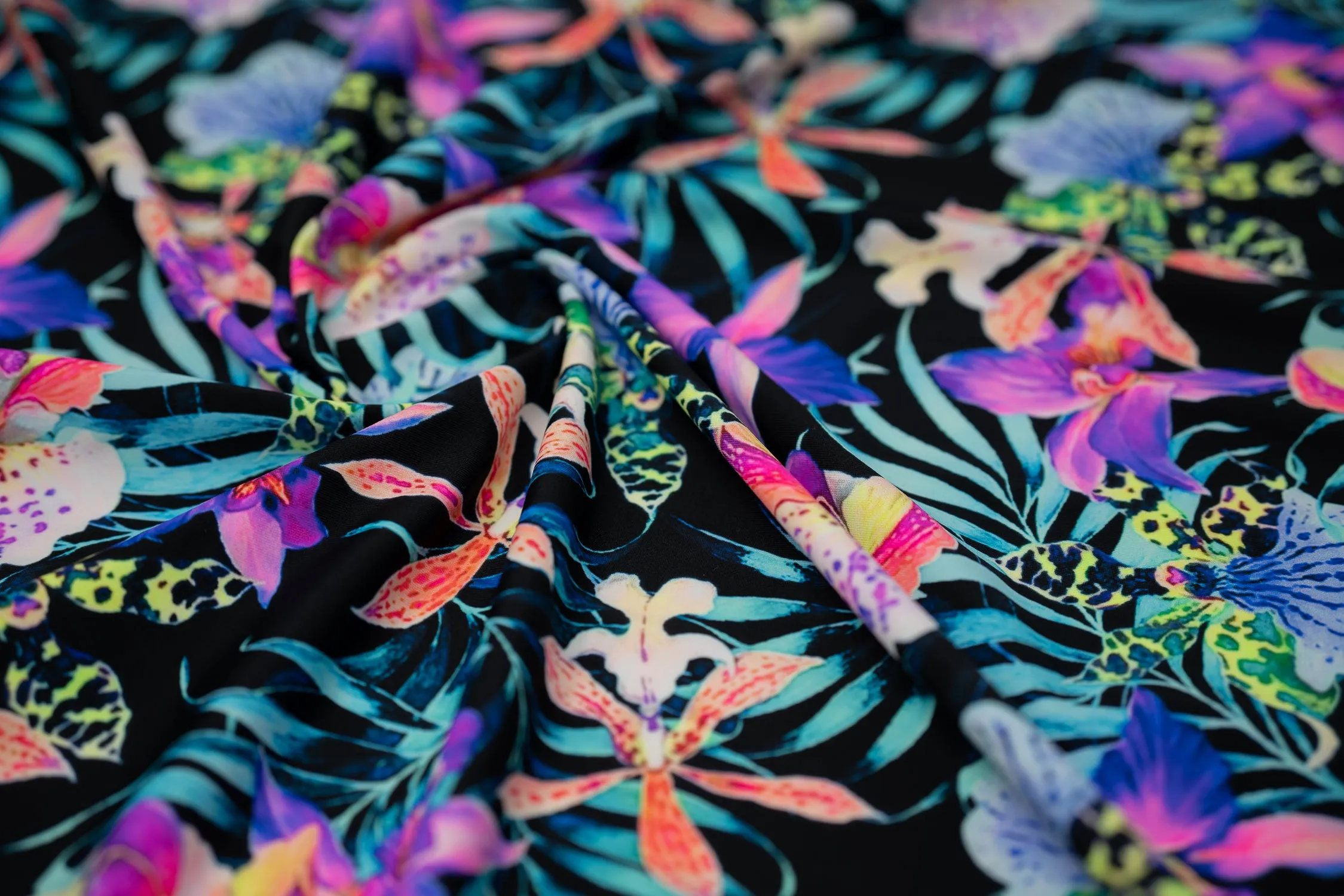 Irises and Palm Fronds Printed Spandex Fabric | Blue Moon Fabrics