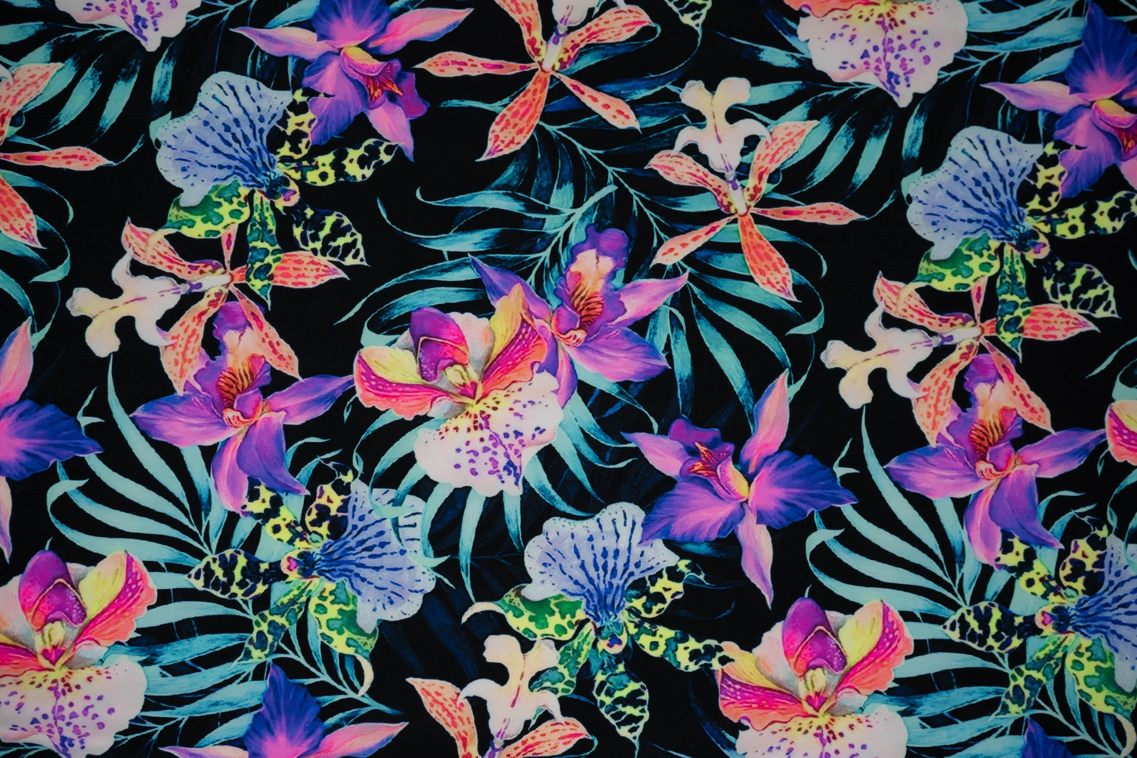 Irises and Palm Fronds Printed Spandex Fabric | Blue Moon Fabrics