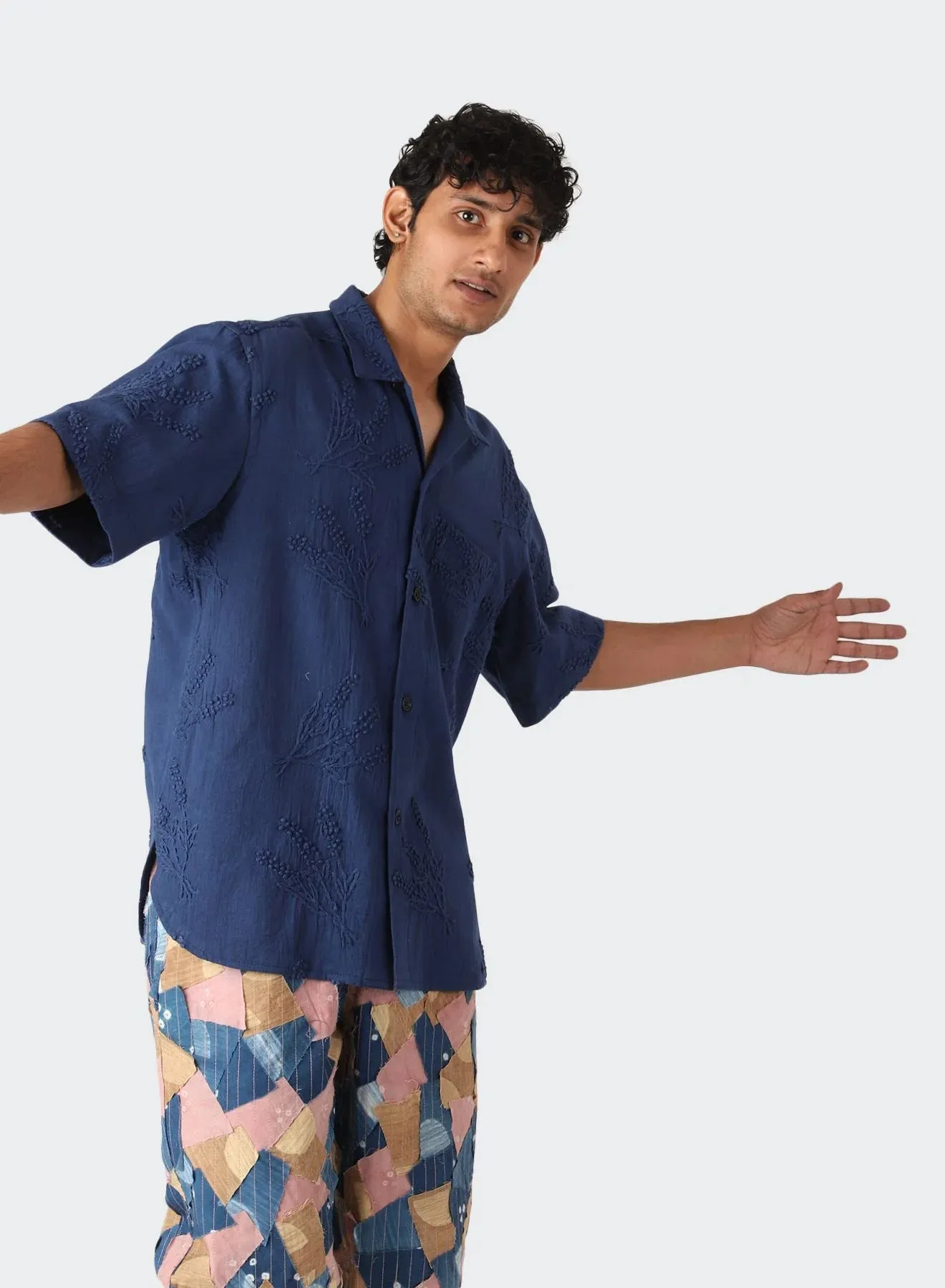 Kardo Indigo Embroidered Floral Pattern Craft Collection Shirt