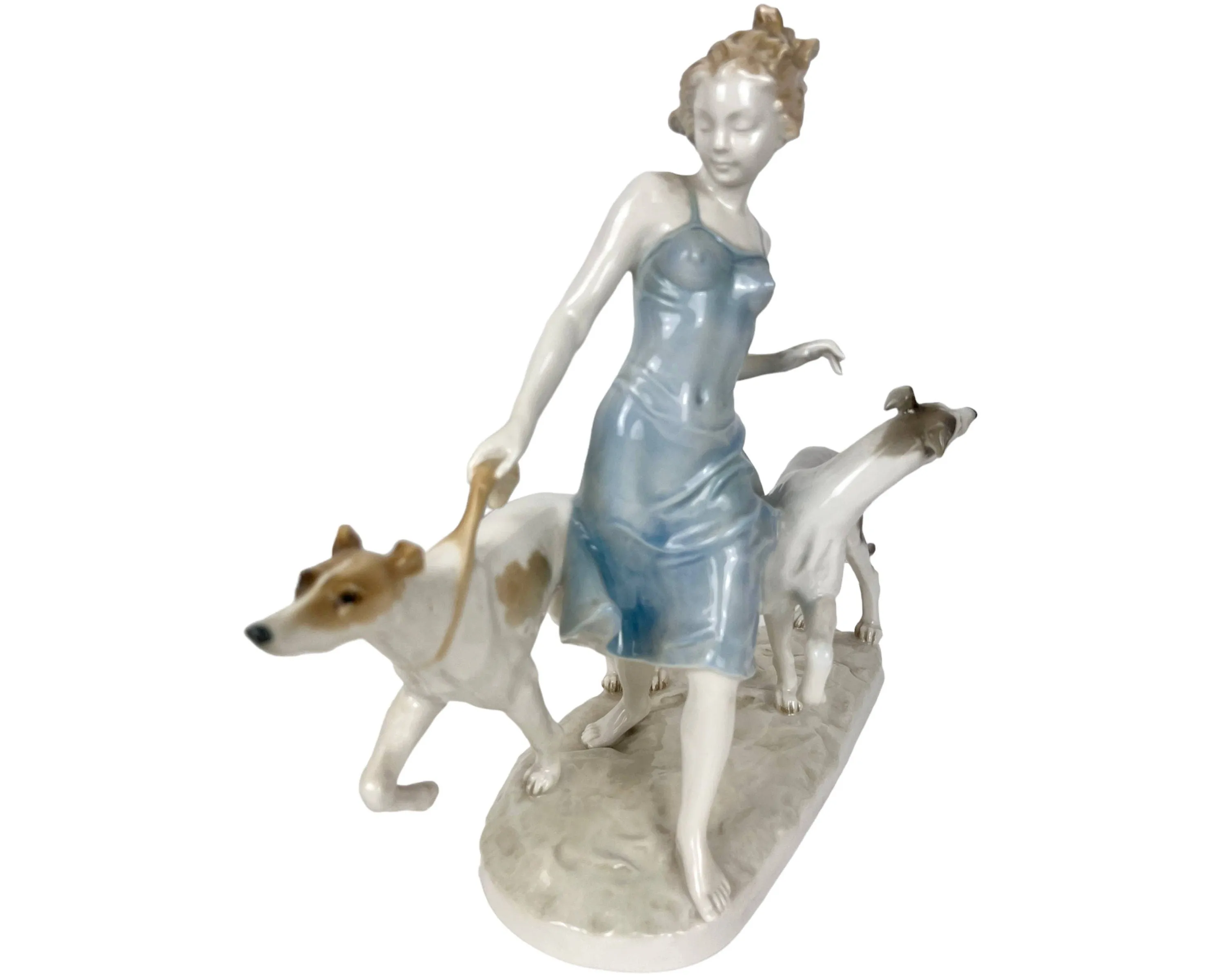 Large Vintage 1940s Hutschenreuther Porcelain Figurine Girl w Greyhounds K Tutter