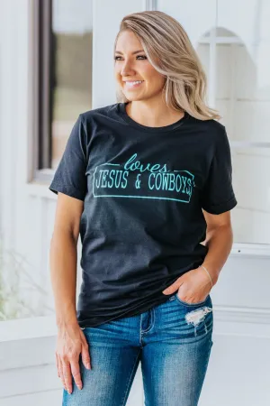 "Loves Jesus & Cowboys" Short Sleeve Top in Black