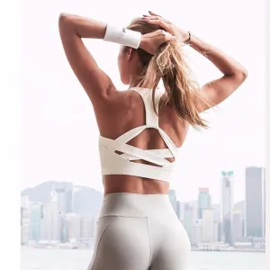  Women White Strap Push Up Sports Bra for Women Gym Running yoga top Bra Athletic Vest Hollow out Sportswear Underwear